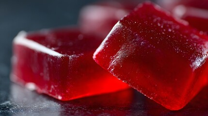 Ruby red gelatinous squares rest upon a dark, reflective surface in close up