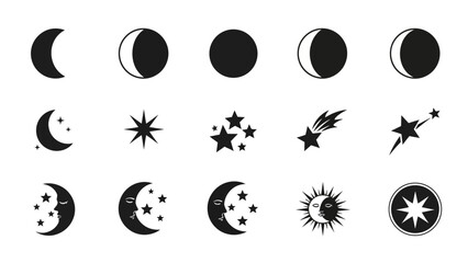 Black and white celestial collection moon phases stars and sun icon set