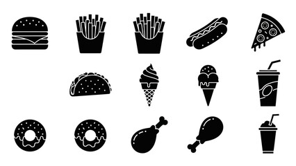 Black and white food icons representing various delicious meal options