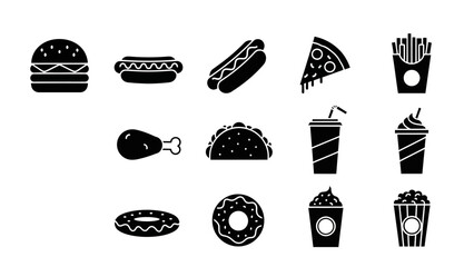 Black and white food icons set representing various meals and beverages
