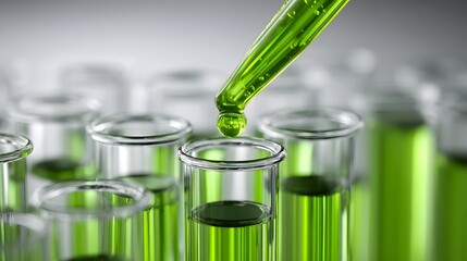 Pipette dispenses vibrant green liquid into a row of laboratory glassware