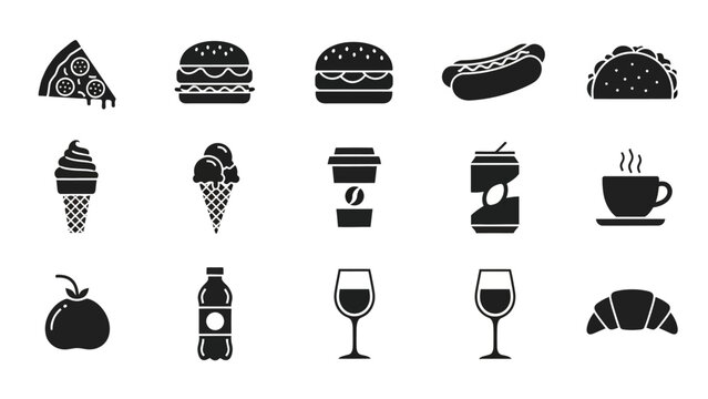 Black and white food icons representing pizza burgers hotdogs desserts and drinks