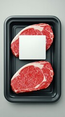Vibrant photo of Two fresh raw ribeye beef steaks with marbling on a black plastic tray with a blank white label, viewed from top.