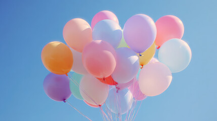 Colorful balloons float against clear blue sky creating joyful scene that brings dopamine through vibrant dressing of hues