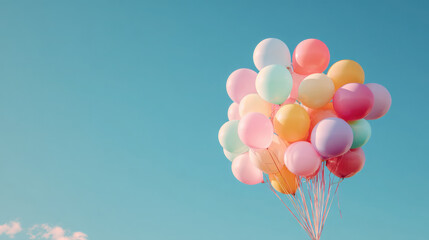 Colorful balloons float against clear blue sky creating joyful scene that evokes feelings of happiness and celebration