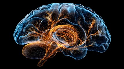 Glowing digital representation of human brain activity illustrates neurological connections against a dark background