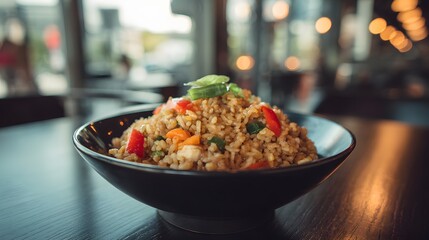 Savory fried rice dish served in a dark bowl rests upon a wooden table indoors