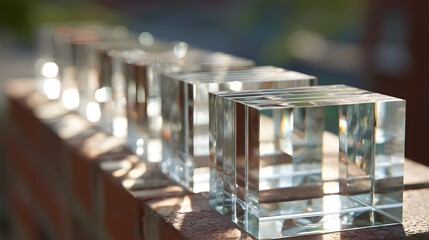 Series of transparent geometric solids resting on a textured surface in bright sunlight