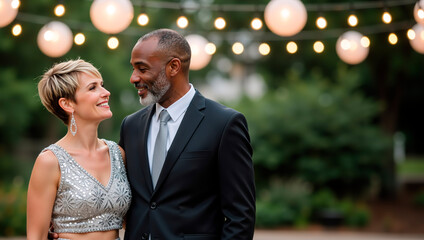 An elegant interracial couple smiling at each other during an outdoor night party. A stylish middle-aged man and woman in formal wear under festive string lights