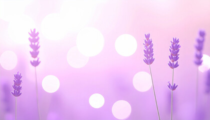 Naklejka premium Soft Dreamy Lavender Blossoms with Pastel Bokeh Glow in a Gentle Romantic Atmosphere, Highlighting Minimalist Floral Silhouettes Surrounded by Warm Light Orbs and Ethereal Purple-Hued Radiance