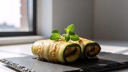 Gourmet zucchini rolls with a fresh oregano garnish.Low-carb diet food concept 
