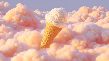 Creamy frozen dessert resting in a sea of soft, warm colored clouds at sunrise or sunset