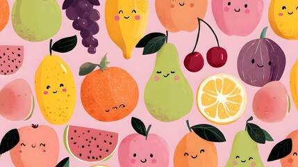 Cheerful assortment of stylized fruit characters creates a vibrant, repeating pattern against a pink background