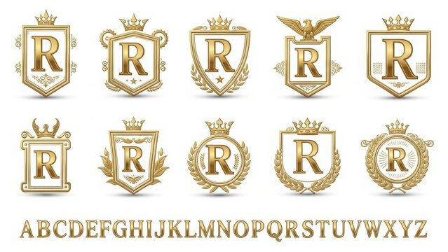 Luxury golden royal letter r crests and emblems collection isolated on white background.
