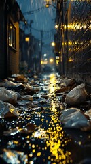 Nighttime Alley Pollution Under Rainfall - Urban Waste Reflection in a Rain-Soaked Passage
