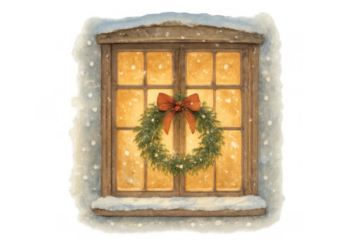 Cozy christmas window with green wreath and red bow, snowflakes falling during winter holiday, warm glow inside