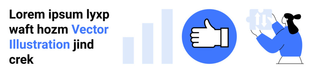 Data visualization, teamwork, communication, approval, business strategy, analytics. Blue thumbs up, bar graph elements and a worker holding gears. Data visualization and teamwork portrayed clearly