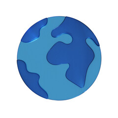 地球のフラットなアイコンの3Dイラスト。透明感のある青いグラスモーフィズムなマーク2。Clean-looking icons suitable for business and UI