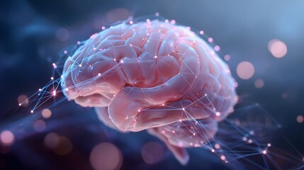 Digital depiction of a human cerebrum overlaid with interconnected luminous nodes representing neural activity