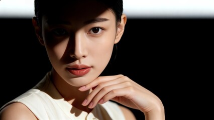 顔にかかる影が印象的な黒髪の女性のポートレート