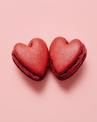 Fototapeta premium Red heart-shaped macarons arranged on a soft background, representing love, sweetness, celebration, and Valentine’s Day concepts.