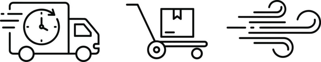 Vector collection representing urgent shipping, commercial transport, and package handling for e-commerce, courier services, or freight operations.