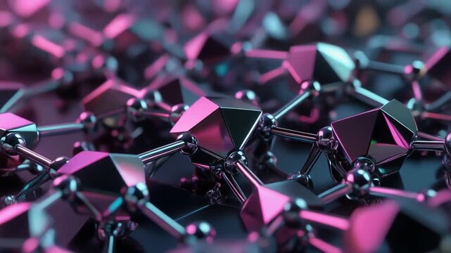 Close-up of a metallic 3D geometric structure composed of purple and black interconnected polyhedra with a shallow depth of field, conveying a futuristic and technological mood against a