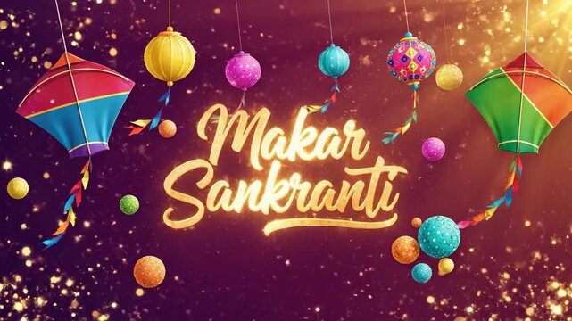 Makar Sankranti Festival Glowing Text Kites and Lanterns Background