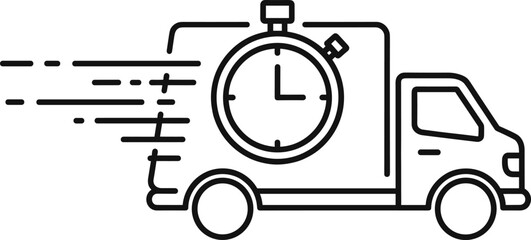 Black outline vector illustration of a moving box van representing quick transport, reliable commercial shipping, and on-time business delivery service.