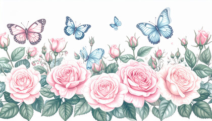 Soft Pastel Pencil Butterfly & Rose Doodles for Florist Card