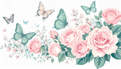Soft Pastel Pencil Butterfly & Rose Doodles for Florist Card