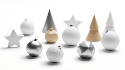 Minimalist christmas ornaments decoration set modern holiday shapes white silver wood abstract festive background design
