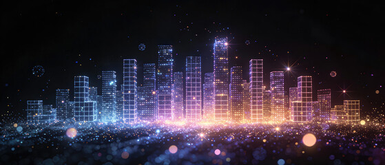 Futuristic cityscape with digital lights and modern architecture