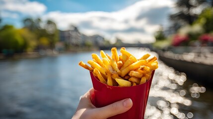 Hand holding bright golden french fries in a red container outdoors beside a waterway