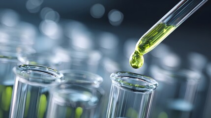 Glass laboratory tubes hold samples while a dropper dispenses a drop of yellow liquid