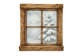 Rustic wooden window frame looking out at snowy christmas trees during a winter blizzard, watercolor illustration