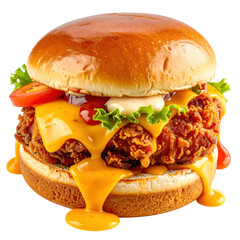 A piece of authentic nashville hot chicken showcasing its signature red glaze and crispy skin, isolated on a stark white background