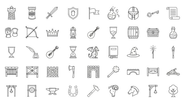Vector line art icon set for medieval and fantasy themes.