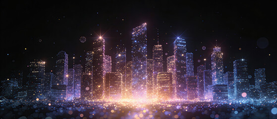 Futuristic cityscape with glowing lights and digital elements