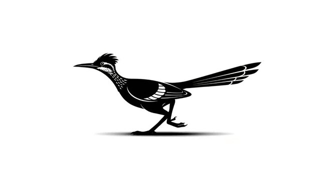 Black silhouette of a roadrunner bird running isolated on white background