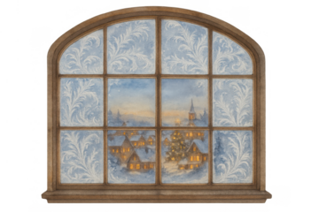 Frosted window framing a cozy winter village scene with illuminated houses and a christmas tree