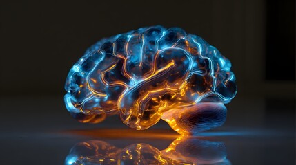 Illuminated human brain model displays electrical activity with cool blue and warm orange glowing lines