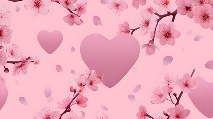 Soft pink background featuring blooming cherry branches and floating hearts