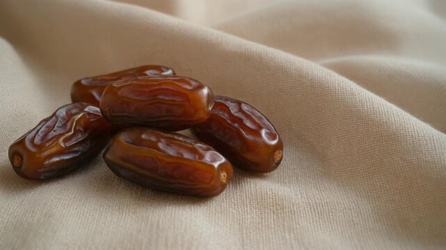 Close-up of rich dates resting on a softly draped beige muslin cloth under natural daylight. A perfect healthy sweet snack.