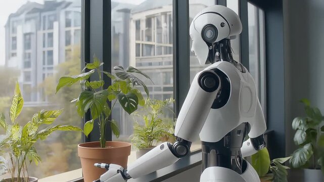 Advanced humanoid robot observing city life from a modern apartment, surrounded by lush indoor plants, showcasing future living and intelligent automation