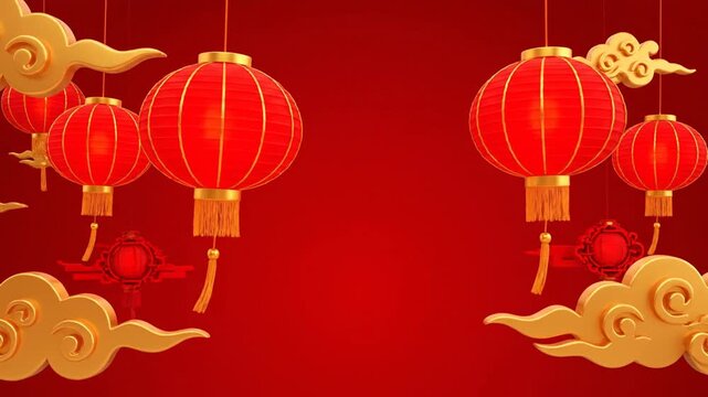 Traditional Chinese New Year celebration with hanging red lanterns and golden clouds on a vibrant red background, festive and auspicious atmosphere