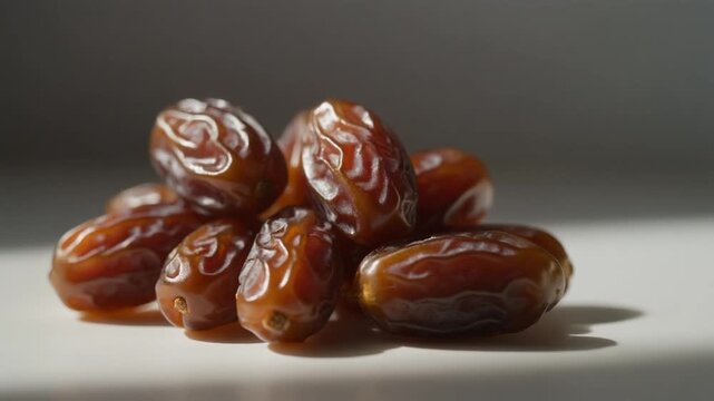A cluster of shiny, plump dates on a white surface, dramatically lit by strong directional soft light. Healthy, organic fruit.