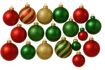 Christmas baubles set for holiday celebration, including red, green, and gold ornaments, transparent background