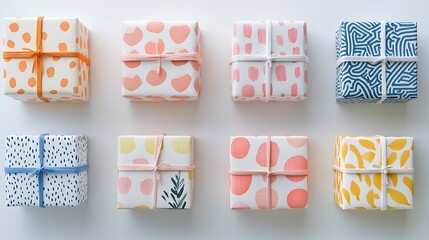 Fototapeta premium Colorful gifts, flat lay, studio, white background, holiday