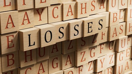 Obraz premium wooden blocks with LOSSES word on wooden table. Financial loss busines concept. Memory loss demetia mental health concept.Business Concept.3D rendering.